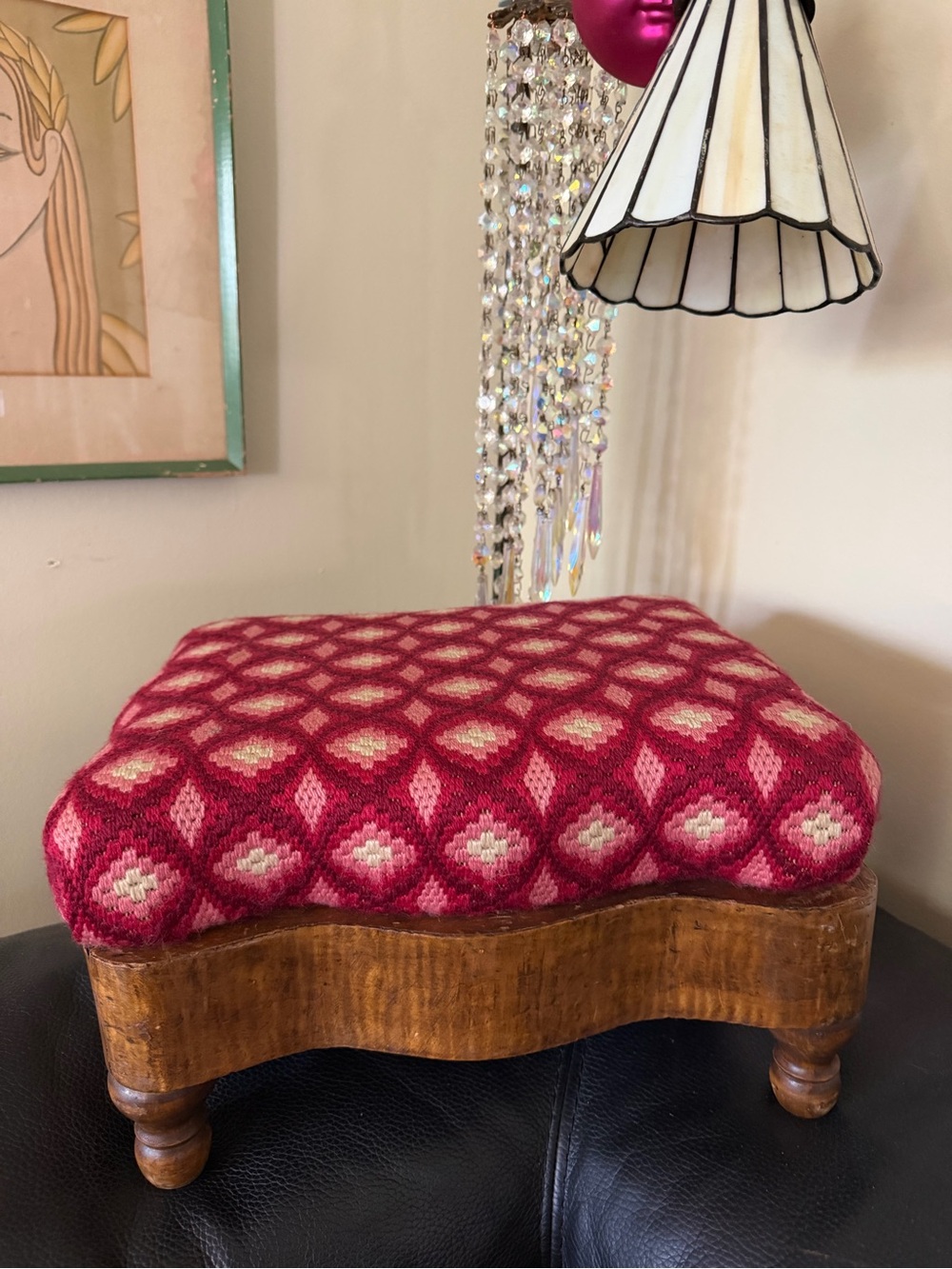 Antique Oak Footstool With Needlepoint Tapestry Cushion